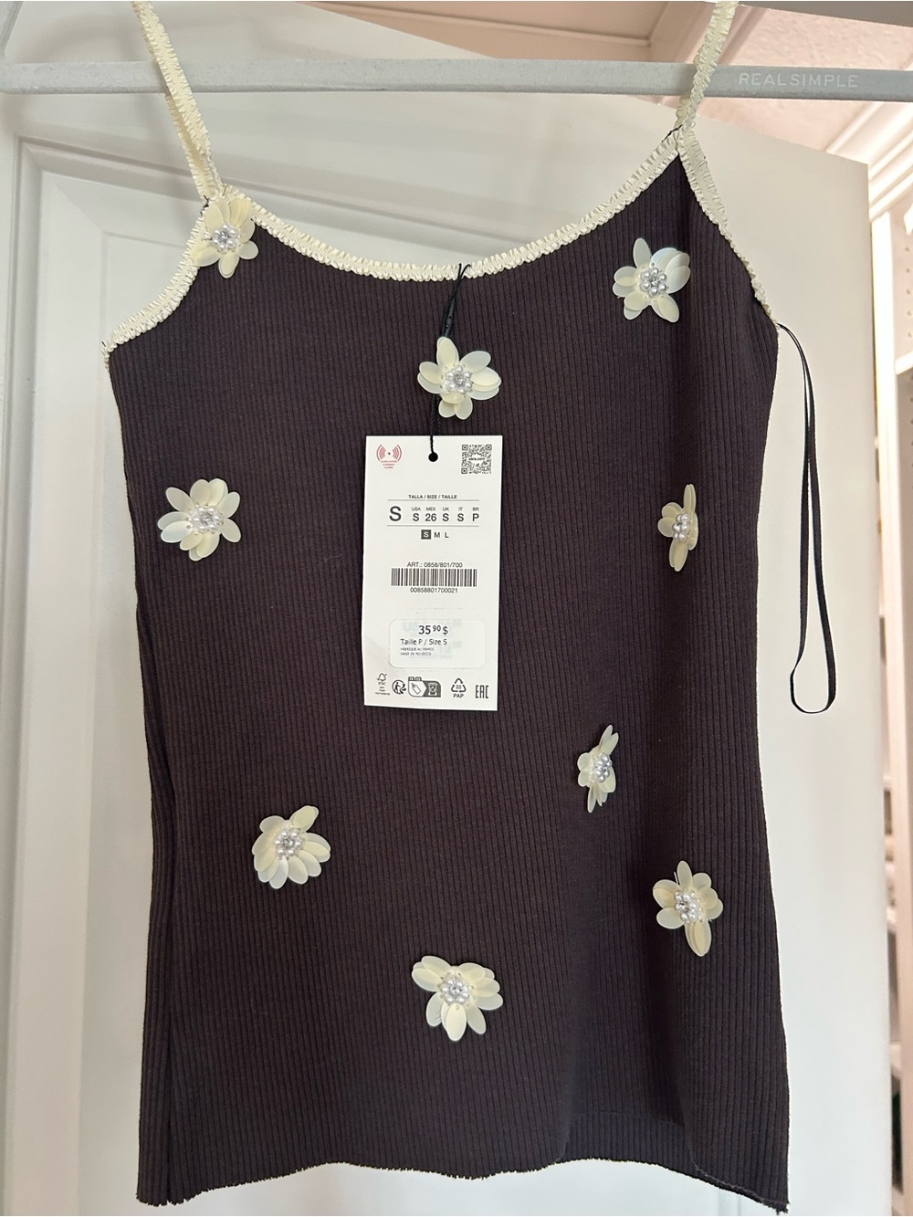Zara Brown Ribbed Tank with Cream Floral Appliques